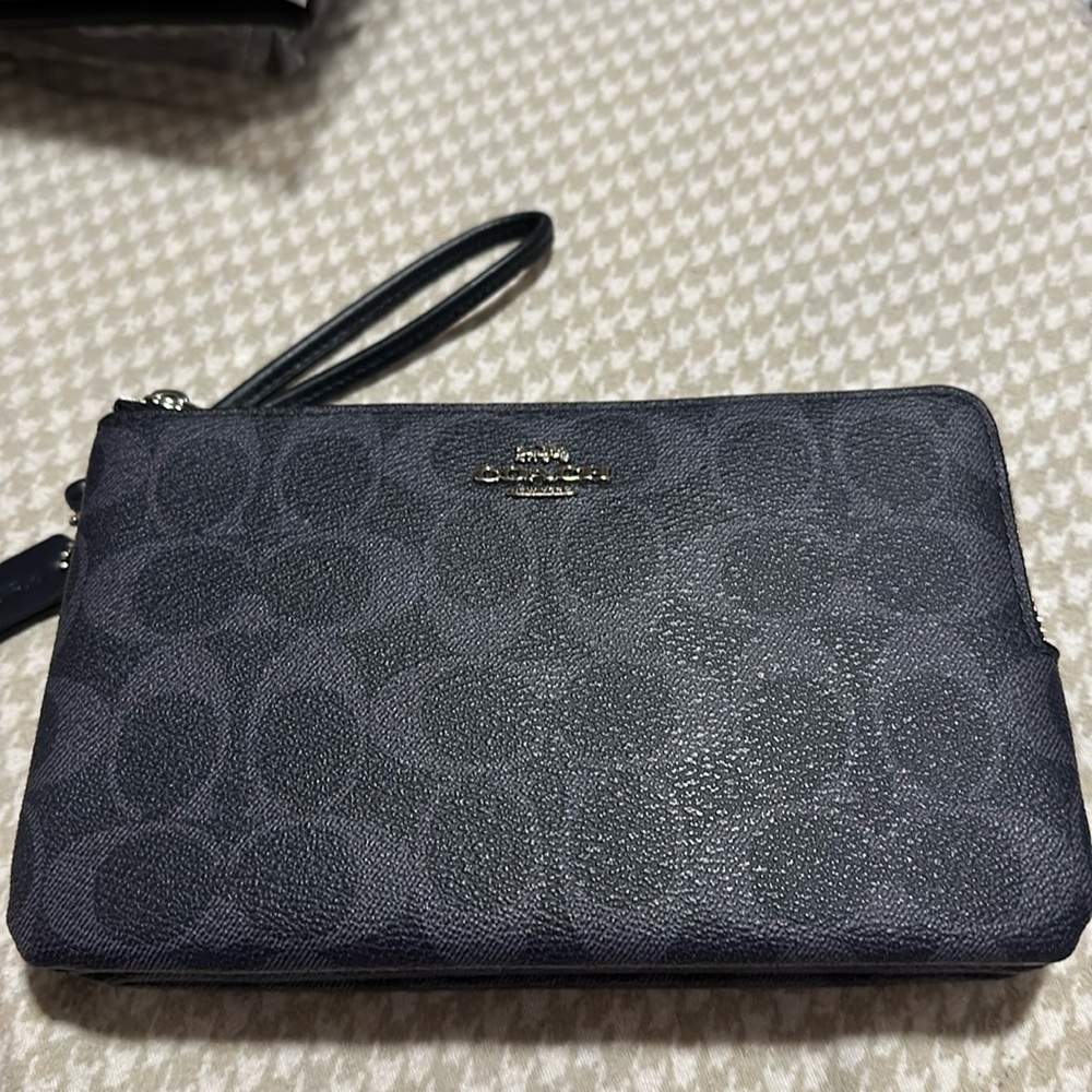 Blue monogrammed double zip wallet wristlet used once